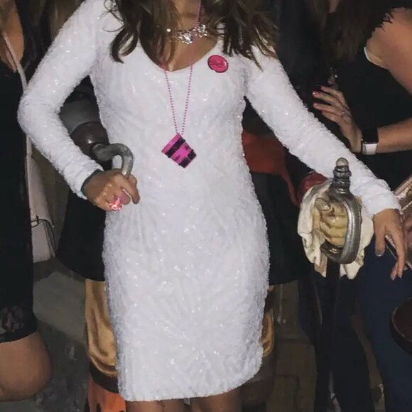 BCBG MaxAzria White XS Morris Dress V-neck Strechy Sequined Night Out Dress NWT - Picture 15 of 16